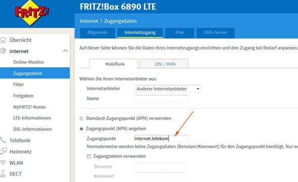 Beispiel Konfig bei einer Fritzbox für die Telekom (Mobiler Datentarif)