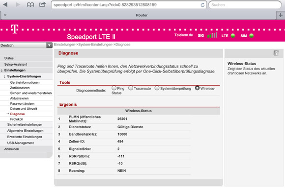 Menü mit Empfangsstärke-Anzeige des Speedport II LTE