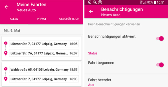Meine Fahrten und Ausschnitt aus den Benachrichtigungsoptionen