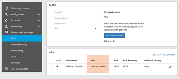 Änderung der APN beim M1 Nighthawk