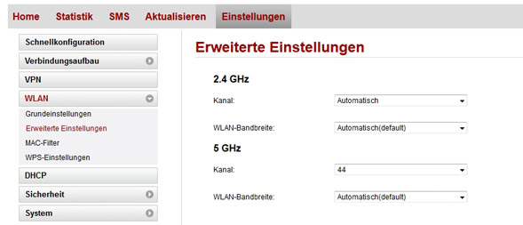 Einstellung der WLAN-Bänder und Kanäle