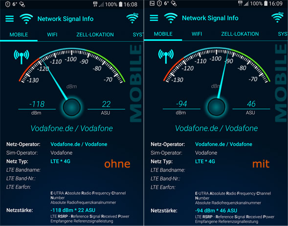 Vergleich Empfang mit und ohne Verstärker im Auto