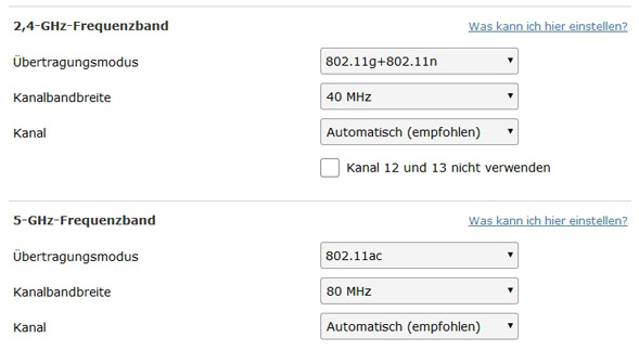 WLAN Einstellungen für 2,4 und 5 GHz