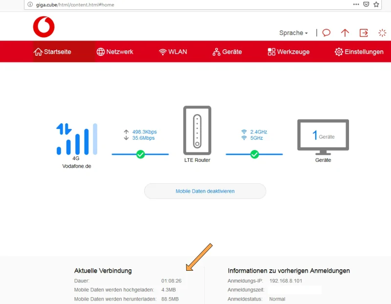 Vodafone Gigacube-Menü mit rudimentärer Anzeige