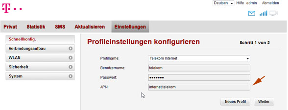 Beispiel APN-Config bei einer Speedbox für die Telekom (MagentaMobil Data)