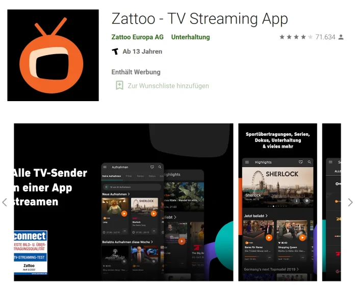 Screenshot: Zattoo App im Playstore