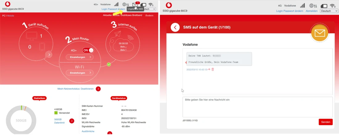 SMS-Code für Login Vodafone App einsehen