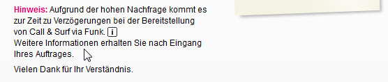 Screenshot der Meldung von der Telekomseite Screenshot der Meldung von der Telekomseite