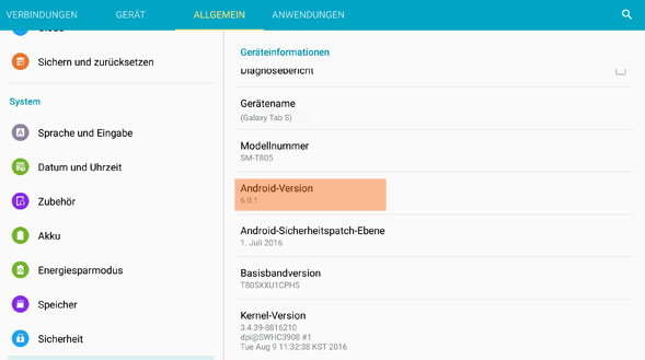 Update des Tab S auf Android 6.01 erfolgreich