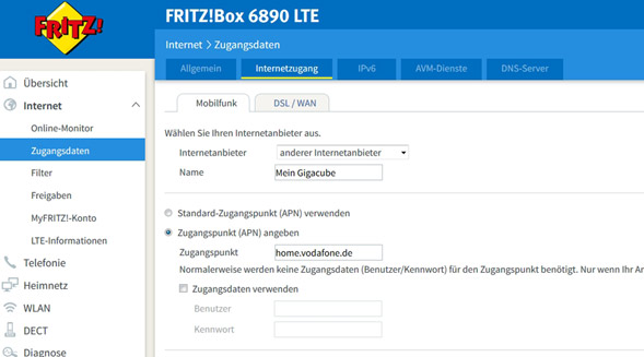 Einrichten der Gigacube-SIM in einer Fritzbox