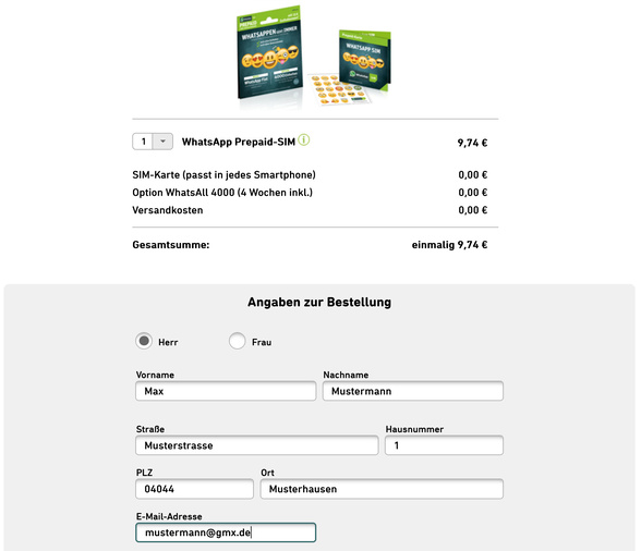 Bestellung von Whatsapp SIM